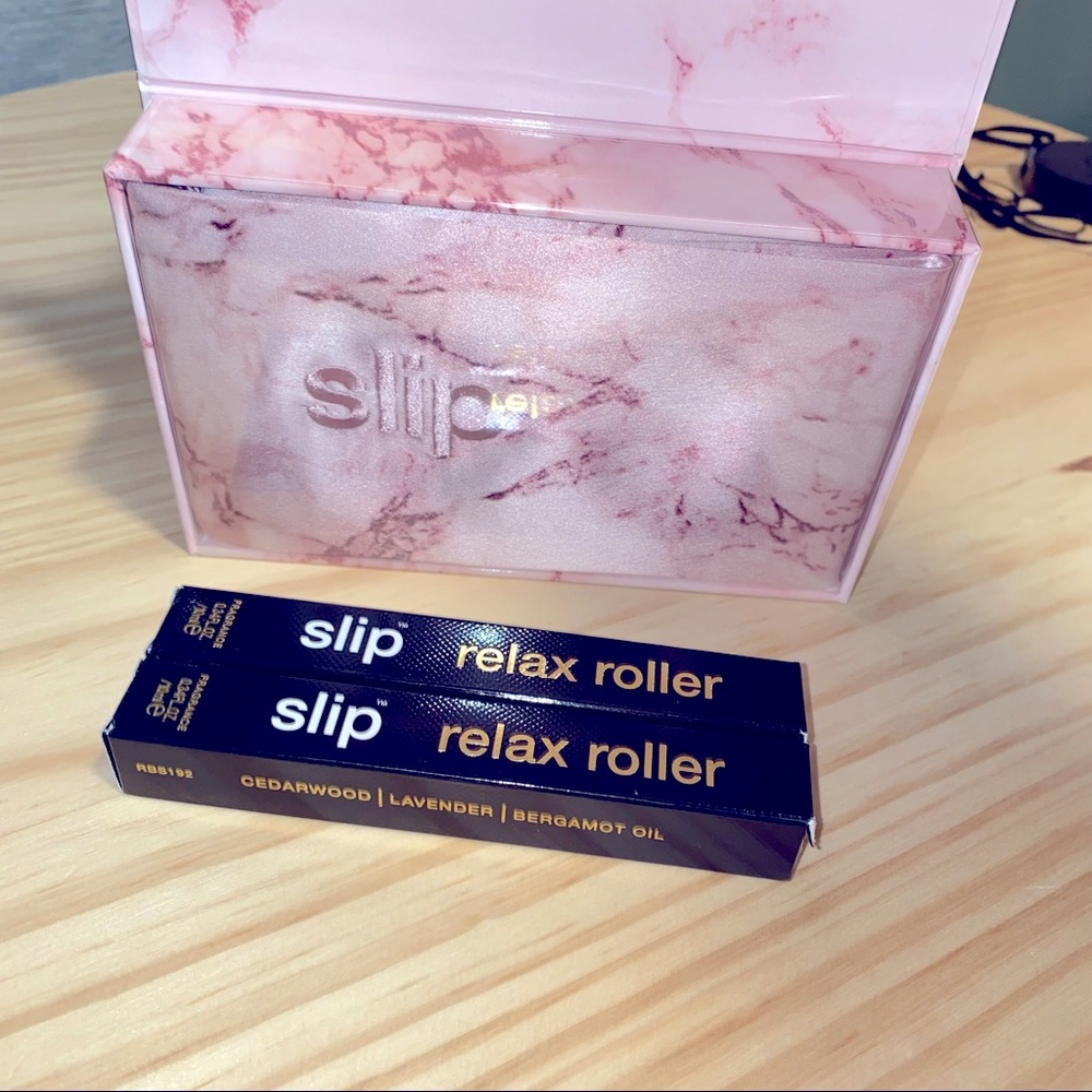 3 NEW SLIP ITEMS 1 SILK PILLOWCASE IN PINK MARBLE & 2 SLIP REST ROLLERS